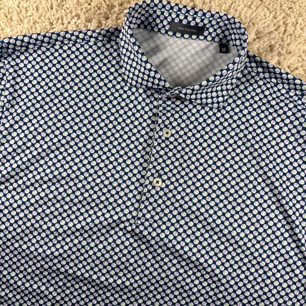 Turtleson‎ Mens Polo Shirt Medium Blue Beach Ball Print S/S Performance Golf